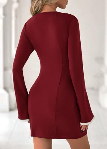 Lazysmile Women's Casual Dresses Long Sleeve Boat Neck Button Down Bodycon Mini Fall Party Club Cocktail Dresses for Women Wine Red - Thumbnail 2