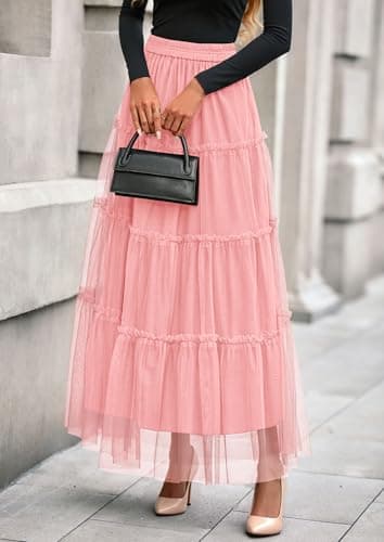 PRETTYGARDEN Tulle Skirts for Women 2026 Spring Fashion Elastic High Waisted Tiered Flowy Fairy A-Line Casual Maxi Long Skirt (Light Pink,Medium) - Thumbnail 6