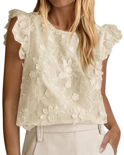 KIRUNDO Summer Tops for Women 2026 Ruffle Cap Sleeve Lace Embroidered Floral Boho Shirts Dressy Casual Blouses Cruise Outfits(Beige, XX-Large) - Image 1