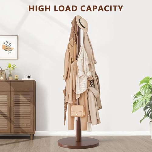 ACIPENSER Coat Rack Freestanding Wooden Coat Tree Stand with 8 Round-tip Hooks, 3 Adjustable heights Coat Hat Rack for Entryway,Bedroom,Hallway,Office (Brown) - Thumbnail 5