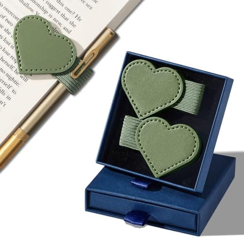 2Pcs Magnetic Leather Bookmarks with Gift Box Heart-Shaped Magnetic Pen Holder Book Marks Clip Gift for Book Lover Readers Cute Bookmark for Women, Green - Image 1