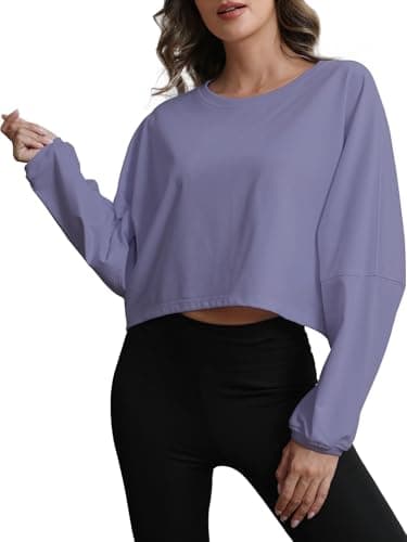 MATEAM Womens Cropped Sweatshirt Loose Fit Workout Tops - Crewneck Pullover Long Sleeve Casual Fashion Sweaters for Yoga Gym Fitness Light Purple L - Image 1