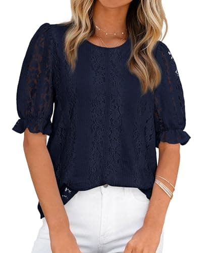 KIRUNDO Lace Tops for Women Trendy 2026 Summer Work Blouse Casual Crewneck Hollow Out Short Sleeve Shirts Beach Vacation(Navy, X-Large) - Image 1