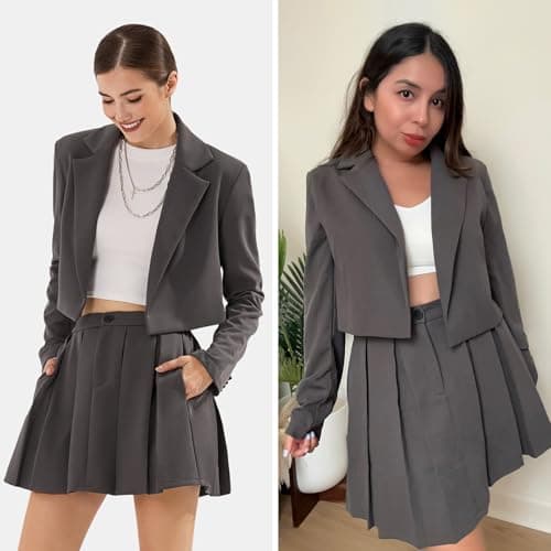 EXLURA Women's Long Sleeve Blazer Suit Sets with Pleated Mini Skirt Fall 2 Piece Outfits Trendy Y2K Fashion Clothes Dark Grey - Thumbnail 2