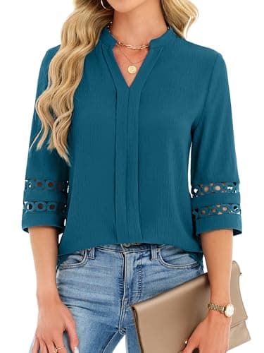 Funlingo Womens 3/4 Sleeve Tops Spring Fashion V Neck Dressy Casual Blouses Business Work Tunic Pleated Shirts Fashion Clothes Loose Fit Trendy Teal XL - Image 1