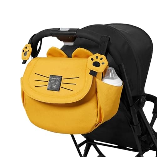 SUNVENO Kitty Stroller Organizer Bag – Universal Baby Stroller Caddy with 2 Cup Holders, Adjustable Straps, Waterproof Oxford, Lightweight Travel Accessory for Strollers, Prams & Pushchairs,Yellow