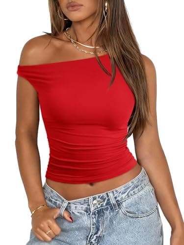 ATHMILE Womens Off The Shoulder Tops Summer Sleeveless Shirts Going Out Crop Tank Top Y2K T Corset Tube Fashion Outfits 2026 Red - Image 1