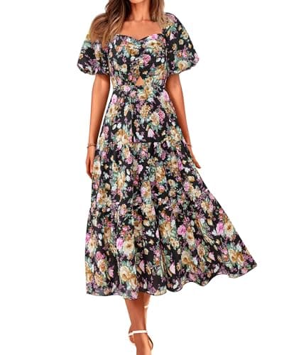 BTFBM Summer Dresses for Women 2026 Spring Outfits Beach Vacation Short Sleeve Smocked Boho Casual Floral Maxi Dress(Floral Black Yellow, Small) - Image 1