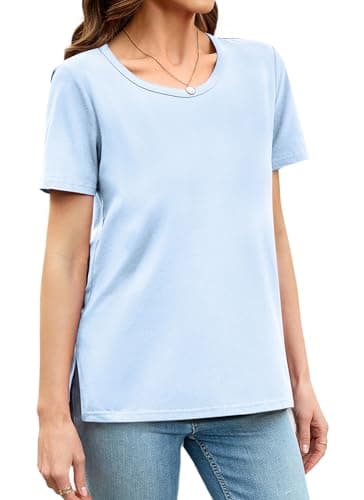 Herou Summer Women Casual Short Sleeve Tops T-Shirts Tees with Side Split Purple Blue Large - Image 1