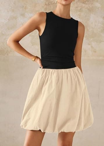 KIRUNDO Summer Bubble Dress for Women 2026 Casual Mini Spring Bodycon Cocktail Dresses Sleeveless Drop Waist Sundress Beach(Black Beige, XX-Large) - Thumbnail 3