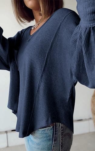 BTFBM Womens Fall Fashion 2026 Long Sleeve Shirts Casual V Neck Ribbed Knit Blouses Pullover Trendy Loose Fit Tunic Tops(Solid Blue, Small) - Thumbnail 5