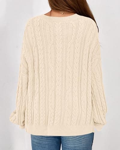 KIRUNDO Oversized Chunky Cable Knit Sweater Women 2026 Fall Fashion Cozy Long Sleeve Crewneck Pullover Winter Clothing(Cream, Medium) - Thumbnail 2