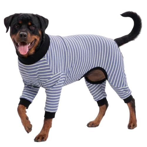 LovinPet Giant Dogs PJS Apparel, Blue and Yellow Stripe Dog Shirt, 4-Legged Design, Full Body Coverage, Large Breed Dog PJS, Pajamas for Pitbulls, Onesies for Dogs,2XL - Image 1