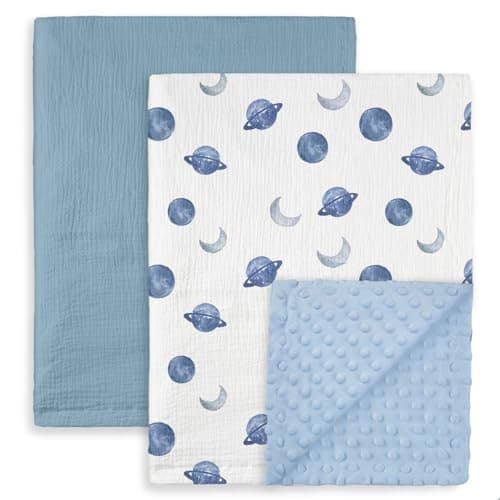 GLLQUEN BABY Blankets for Unisex Boys Girls, 2-Pack Muslin Cotton Front Soft and Breathable, and Dotted Fleece Backing, Printed Bed Nursery Minky Blankets for Toddler Newborn, Space, 30 x 40 inches