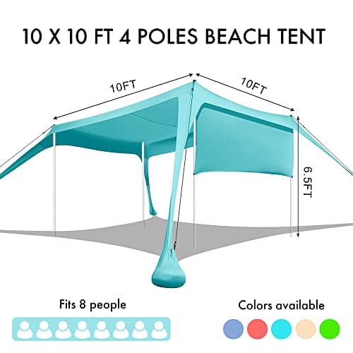 Beach Canopy Tent Shade with Sidewalls 10x10FT, 6.6FT Tall, UPF50+ Sun Shelter, Windproof & Water Resistant, Includes Guylines Sand Shovel Stability Poles, Easy Up for Beach Outdoor Camping Backyard - Thumbnail 3