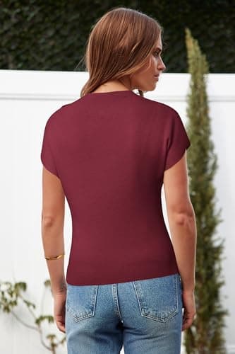 Arach&Cloz Womens Ruched Summer Tops Mock Neck Cap Sleeve Blouses T Shirts Slim Fit Ladies Spring Sweaters Vacation Outfits Dressy Business Casual Short Sleeve Blouse Trendy Dark Red M - Thumbnail 4