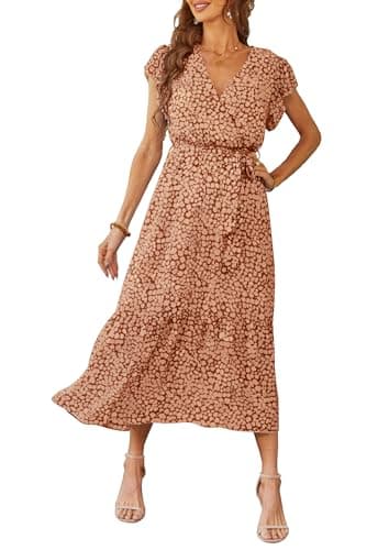PRETTYGARDEN Women's Summer Floral Boho Dress Wrap V Neck Short Sleeve Ruffle A-Line Flowy Maxi Wedding Guest Dresses (Coffee,Small) - Image 1