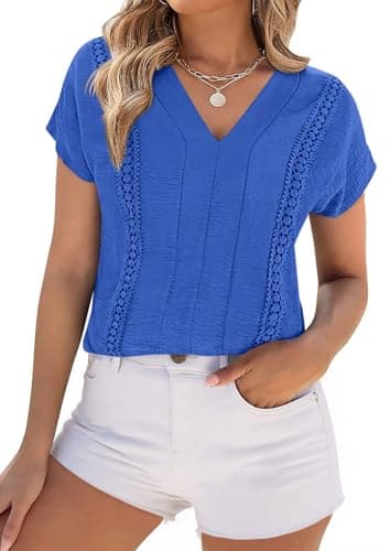 PRETTYGARDEN Blouses for Women Dressy Casual Spring 2026 Cap Sleeve V Neck Lace Trim Boho Tops Work Shirts Summer Clothes (Blue,Small) - Image 1
