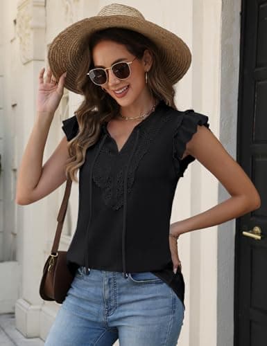 CiCiBird Boho Tops for Women Dressy Casual V Neck Blouses Summer Ruffle Short Sleeve Shirts Black Medium - Thumbnail 4