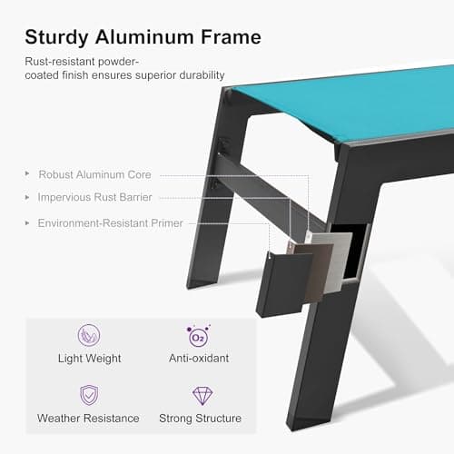 PURPLE LEAF Outdoor Oversized Lounge Chair Set of 3 Patio Chaise Pool Lounger Aluminum Frame with Side Table and Wheels for Outside Sunbathing Tanning Recliner Including Pillows Turquoise Blue - Thumbnail 6