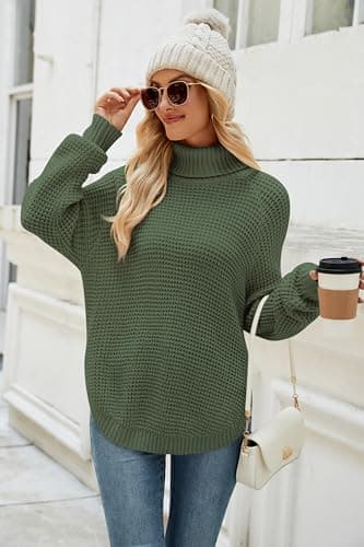 QIANSIQIANBO Women's Sweaters Fall Ribbed Knit Turtleneck Sweater Loose Casual Long Sleeve Split Soft Pullover Top (S) Green - Thumbnail 2