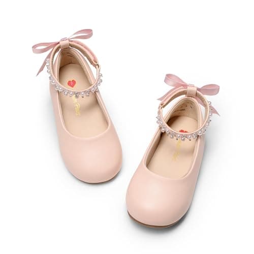 DREAM PAIRS Toddler Little Girls Dress Shoes Flower Girl Mary Jane Ballet Flat Shoes with Pearl Ankle Strap & Satin Bow for Wedding/Party,Size 13 Little Kid,Pink,SKFA26002K - Image 1