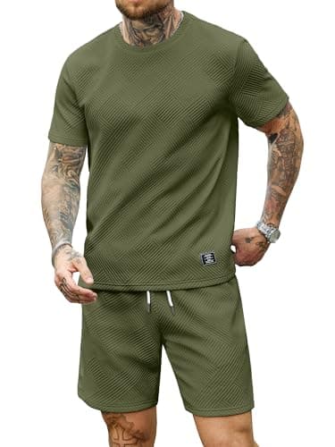 JEMLDL Mens Casual Sets Summer 2 Piece Outfit Army Green Jacquard T-Shirt Shorts Short Sleeve Lounge Wear Olive Green S - Image 1