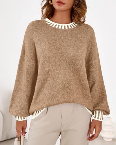 KIRUNDO Oversized Sweaters for Women 2026 Long Sleeve Crewneck Fall Tops Contrast Chunky Knit Pullover Winter Clothes(Khaki, Small) - Thumbnail 4