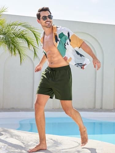 SILKWORLD Mens Swimsuit Trunks 6" Quick-Dry Swim Shorts with Compression Liner and Zipper Pockets, Army Green, Large - Thumbnail 5