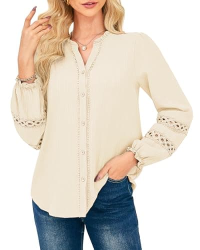 GRACE KARIN Women Dressy Casual Tops Long Sleeve Button Down Ruffle V Neck Blouse Business Work Shirt Spring Outfit Beige 2XL - Image 1