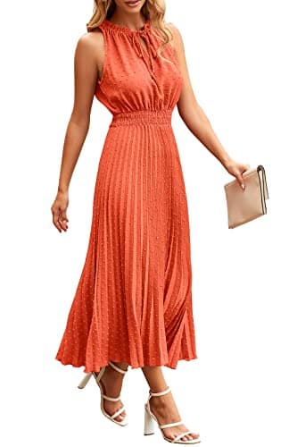 PRETTYGARDEN Women's Midi Summer Dresses Casual V Neck Swiss Dot Ruffle Sleeveless A Line Beach Sun Dress (Orange,X-Large) - Image 1