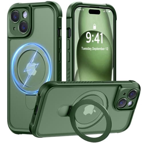 MOCCA Design for iPhone 15 Case with Magnetic Invisible Stand [Full Camera Protection] [Compatible with Magsafe] Military Drop Shockproof Translucent Matte Phone Case Cover 6.1",Dark Green - Image 1