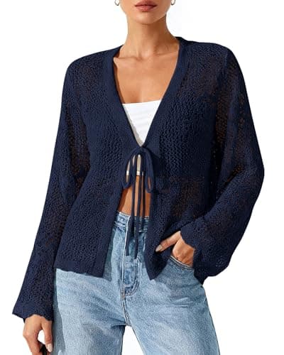 BTFBM Summer Cardigans for Women Lightweight 2026 Spring Crochet Mesh Long Sleeve Tie Front Knit Beach Vacation Outfits(Navy Blue, Large) - Image 1