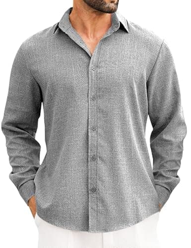 LETSEE Men's Linen Blend Button Down Shirt – Lightweight Long Sleeve Casual Shirt for Beach, Vacation & Wedding Grey - Image 1