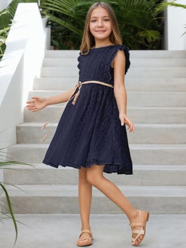 ALLOVIN Toddler and Girls Vintage Boho A-Line Lace Dress with Belt Pom Pom Trim Birthday Party Dress | Navy Blue | 10-11Y - Thumbnail 3