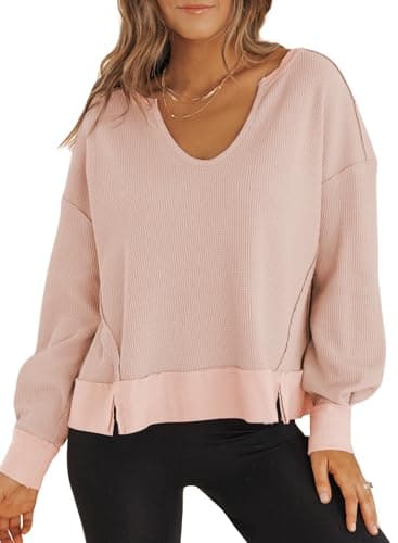 Dokotoo Cropped Sweaters for Women 2025 Spring Tops Long Sleeve Waffle Knit Tops Trendy Cute Crop Sweatshirt Tops Pullover Soft Oversized Sweater Ladies Basic Shirt Pink Sweaters for Women XXL - Image 1