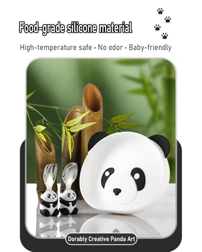 Ecrekhom Silicone Baby Feeding Set 5 Pcs, Weaning Supplies, Panda Baby Plates Baby Spoon & Fork, Baby Utensils Feeding Essentials - Thumbnail 6