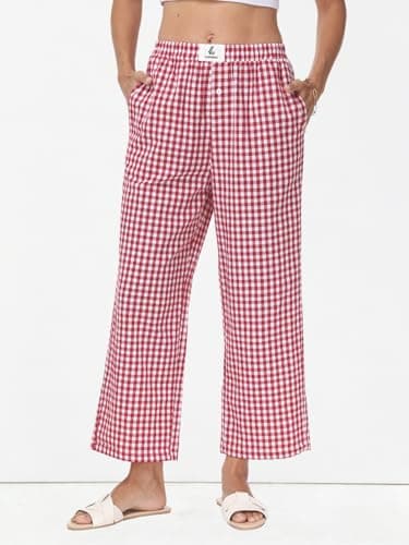 Lallabai 2026 Women Striped Gingham Palazzo Cropped Pants Lounge Boxer Pajama Pants Wide Leg PJ Bottoms Trousers with Pockets - Thumbnail 2
