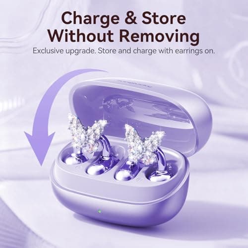 Kinglucky Gen2 Clip-On Earbuds with Butterfly Earrings, Charge & Store Without Removing Earrings, Comfortable Fit & 40H Playtime Bluetooth Open Ear Headphones for Women, Small Ears, Gifts (Purple) - Thumbnail 6