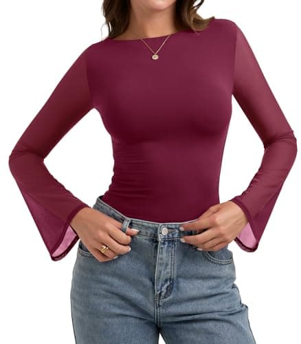PINKMSTYLE Sexy Sheer Mesh Boat Neck Bell Sleeve Tops Ruched Going Out Tops for Women Long Sleeve Burgendy Large - Image 1