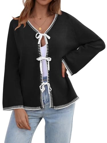 JUYUEO Cardigan for Women Trendy 2025 Tie Front Bow Sweaters Long Sleeve Casual Winter Clothing Outfits Black S - Image 1