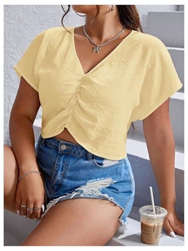 MakeMeChic Women's Plus Size Ruched Front Short Sleeve Shirts Casual V Neck Crop Top Blouse Yellow 3X-Large Plus - Thumbnail 4