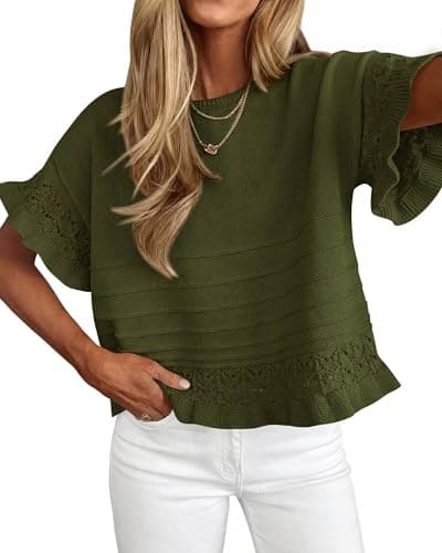 KIRUNDO Short Sleeve Sweater for Women 2026 Spring Summer Tops Crochet Round Neck Ruffled Hem Knit Pullover Casual Blouse(Army Green, XX-Large) - Image 1