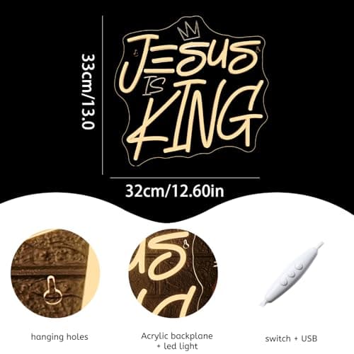 WLHOPE Jesus Is King Neon Sign Dimmable Led Signs for home Wall Decor, Neon Lights USB Powered Transparent Acrylic Board Sign for church party bedroom living room Decoration 12.99 * 12.6 inch - Thumbnail 3
