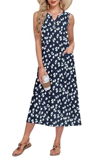 MOLERANI Women's Sleeveless Button Down Midi Dress with Pockets V Neck Casual Summer Dresses Seaside, Floral Navy, 2XL - Image 1