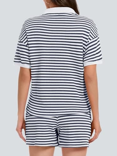 Casly Lamiit 2 Piece Outfits for Women Striped Drawstring Short Sets Casual Short Sleeve Tops 2026 Summer Travel Airport Lounge Set Sweatsuit Navy White 2XL - Thumbnail 4
