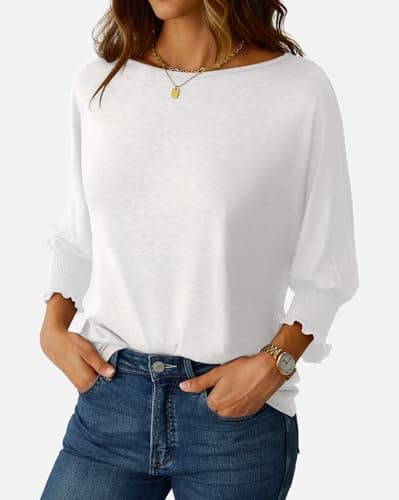 NORACORA Women's 3/4 Sleeve Tops Loose Fit Shirts Dressy Casual Crew Neck T Shirts for Women Basic Tees Shirt with Smocked Cuffs 2025 Fall Fashion Blouse White S - Thumbnail 3