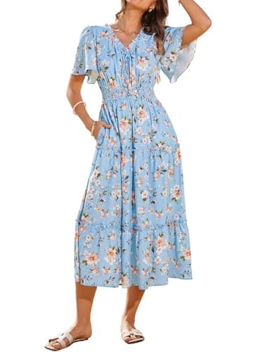 GRACE KARIN Womens Summer Floral Maxi Dresses 2026 Short Sleeve V Neck Dress Casual Flowy Beach Vacation Sundress with Pockets Light Blue Floral XL - Image 1