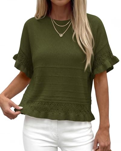KIRUNDO Short Sleeve Sweater for Women 2026 Spring Summer Tops Crochet Round Neck Ruffled Hem Knit Pullover Casual Blouse(Army Green, XX-Large) - Thumbnail 4