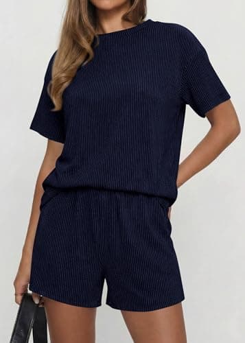 KIRUNDO 2 Piece Sets for Women Summer Shorts Lounge Set Matching Ribbed Knit Short Sleeve Top Airport Travel Vacation Outfits(Navy, Small) - Thumbnail 5